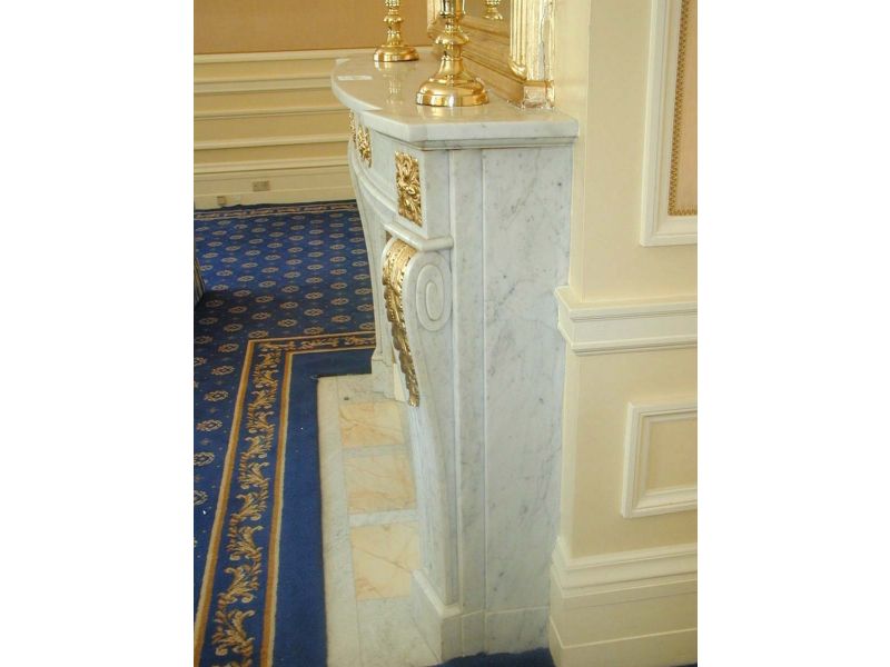 Plaza Hotel Carved Carrera Marble Mantel with Gold Details